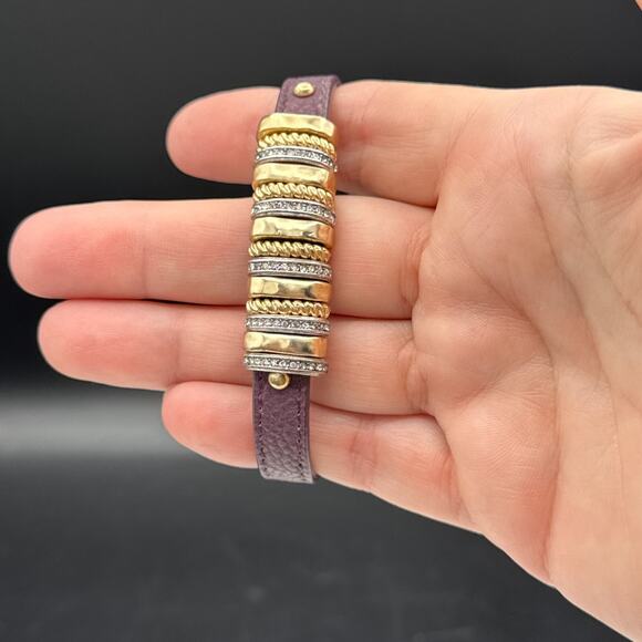 Slide Bracelet 7" Gold Silver Tone Crystal Charms Magnetic Purple Band Bangle - Picture 6 of 9